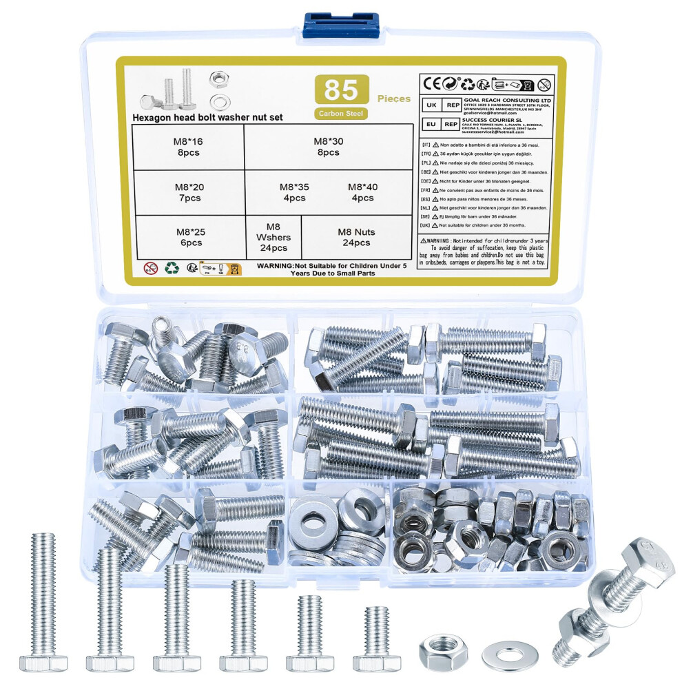 85 Pcs M8 Nuts And Bolts Set, M8 Hex Bolts And Nuts Set, Assorted Machine Screws And Washers Assortment Kit For Home Or Repair 5051226615108