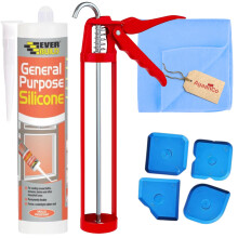 Everbuild General Purpose Silicone Sealant Bundle – White 280ml | Includes Sealant Gun + 4x Silicone Caulking Tools | Waterproof, Mould Resistant, I