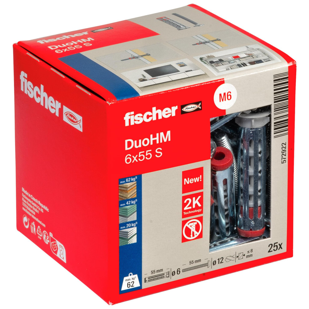Fischer Duohm 6 X 55 S Pz Cavity Dowels With Metric Panhead Screw And Pz Drive For Attaching Tv Brackets, Lights, Wall Shelves, Etc. In Panel Buildin