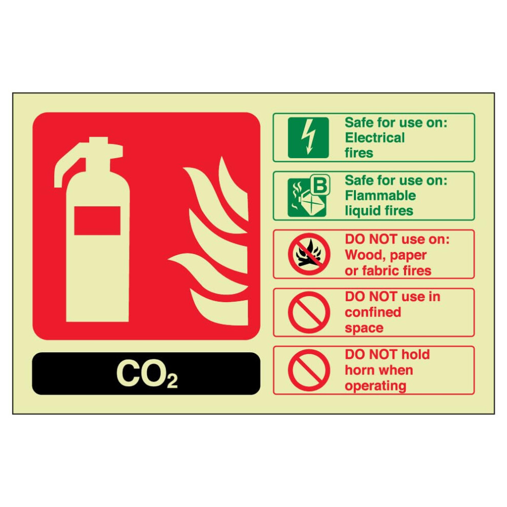 V Safety Glow In The Dark Carbon Dioxide Co2 Id Fire Extinguisher Sign - 150Mm X 100Mm - Self Adhesive Vinyl 5051226555817