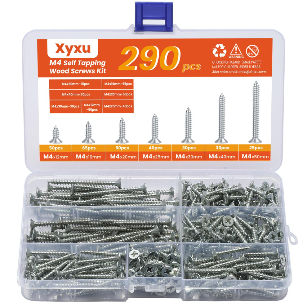 Xyxu M4 Wood Screws Assortment Â290Pcs Assorted Zinc Countersunk Self Tapping Screws For Wood 12Mm, 16Mm, 20Mm, 25Mm, 30Mm 5051226595561