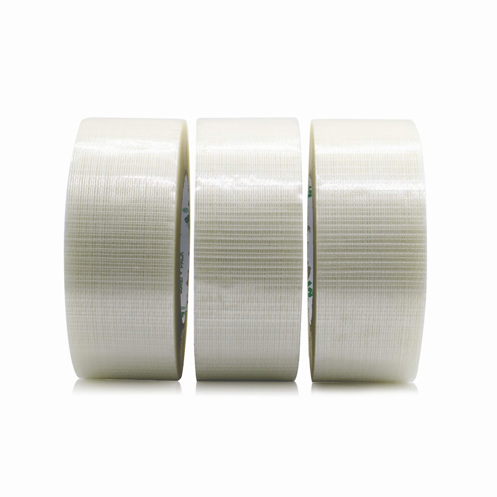 3 Pack Strong Crossweave Reinforced Transparent Bi-Directional Filament Strapping Tape,Fiberglass Reinforced Heavy Duty Tape 170Mic X 50Mm X 50M 5051226553554