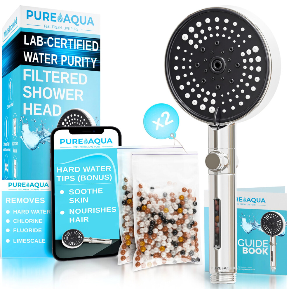 Pureaqua 5 Stage Filtered Shower Head (X2 Power - Higher Filtration) | Shower Filter Hard Water Uk (Soothe Skin & Hair) | 3 Lux Spray Settings 5051226562600