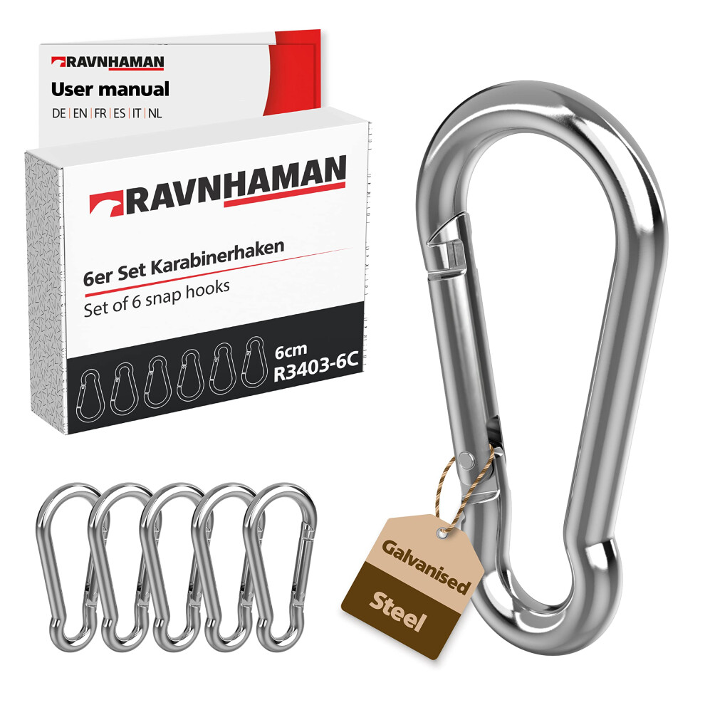 Ravn Haman Set Of 6 Carabiner Hooks 6 X 60 Mm - Carabiner Clips With Snap Lock With A Load Capacity Of Up To 120 Kg - Snap Hooks For Key Ring 5051226571190