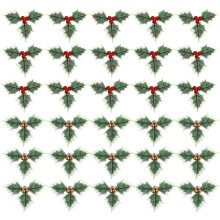 Artificial Holly Leaves with Berries Gold Red 30 pcs