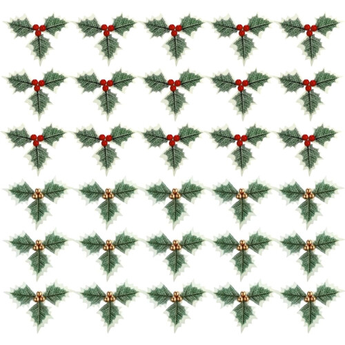 Artificial Holly Leaves with Berries Gold Red 30 pcs