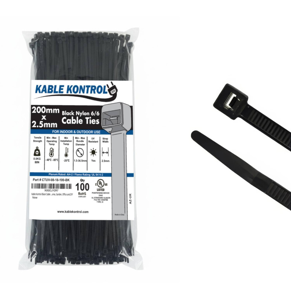 Kable Kontrol Black Cable Ties, 200 Mm X 2.5 Mm, Pack Of 100, 8" Premium Nylon Zip Ties, Multi-Purpose Plastic Tie Wraps 5051226557804