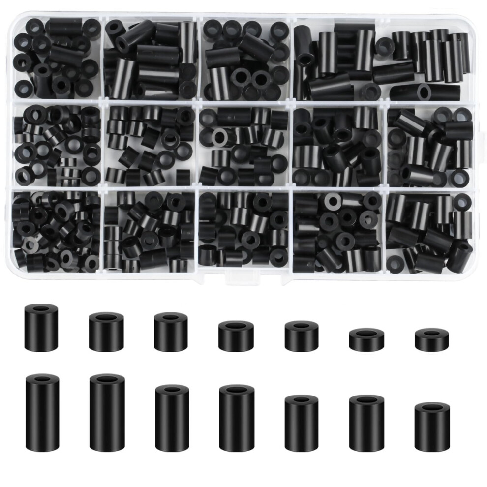 360 Pcs Nylo360 Pcs Nylon Plastic Spacers, Black Nylon Bs Round Spacer Washer Assortment Kit, M3 M4 Non Threaded Column Standoff Support 5051226635557