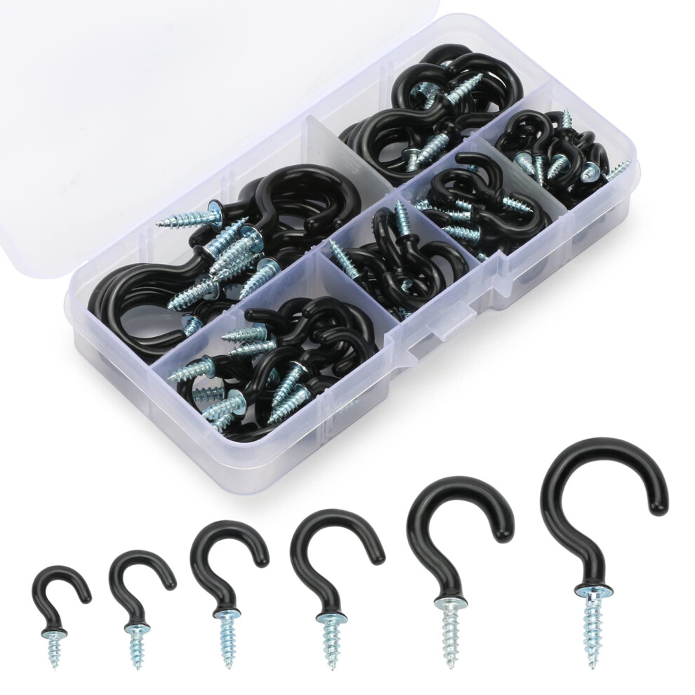 Fineasy 75Pcs Black Hooks For Hanging Ceiling Screw In Hooks,Vinyl Coated Ceiling Hooks For Hanging Plants,6 Sizes Mug Cup Hooks Set,For Outdoor 5051226569135