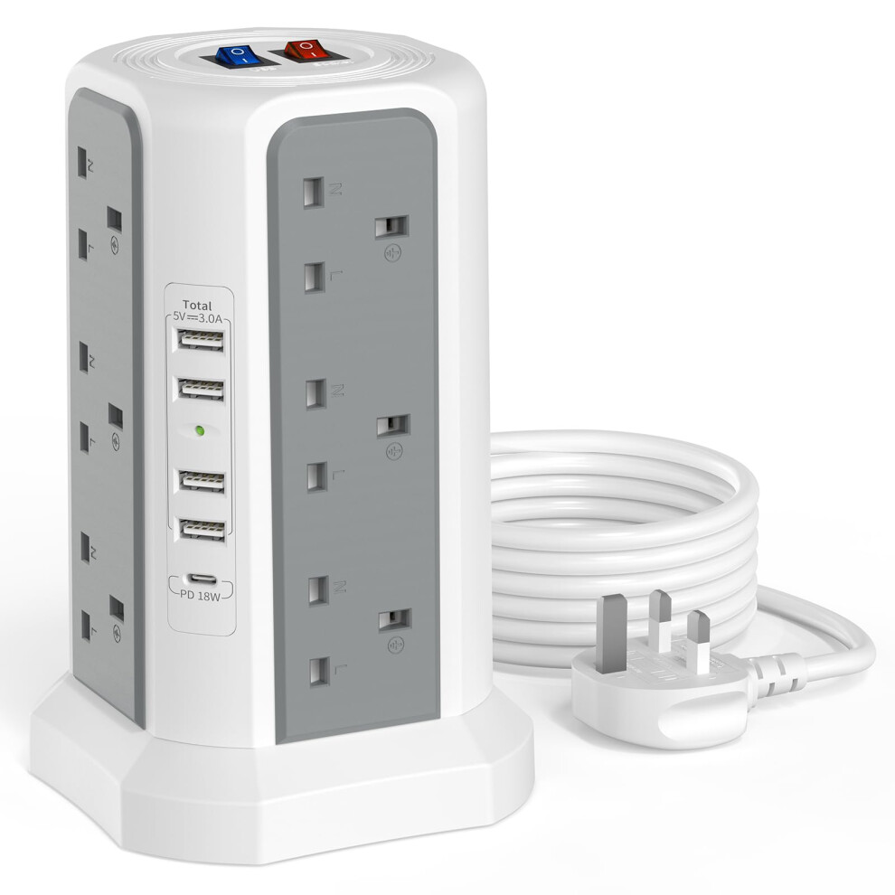 Tower Extension Lead With Usb Slots And 18W Usb C Fast Charger, (13A 3250W) 5 Usb Ports And 12 Way Extension Tower 5051226569234