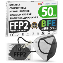 FFP2 NR D Masks Pack of 50 – Black, CE certified, controlled supply chain, comfortable, hypoallergenic, and adjustable elastic bands. Safe