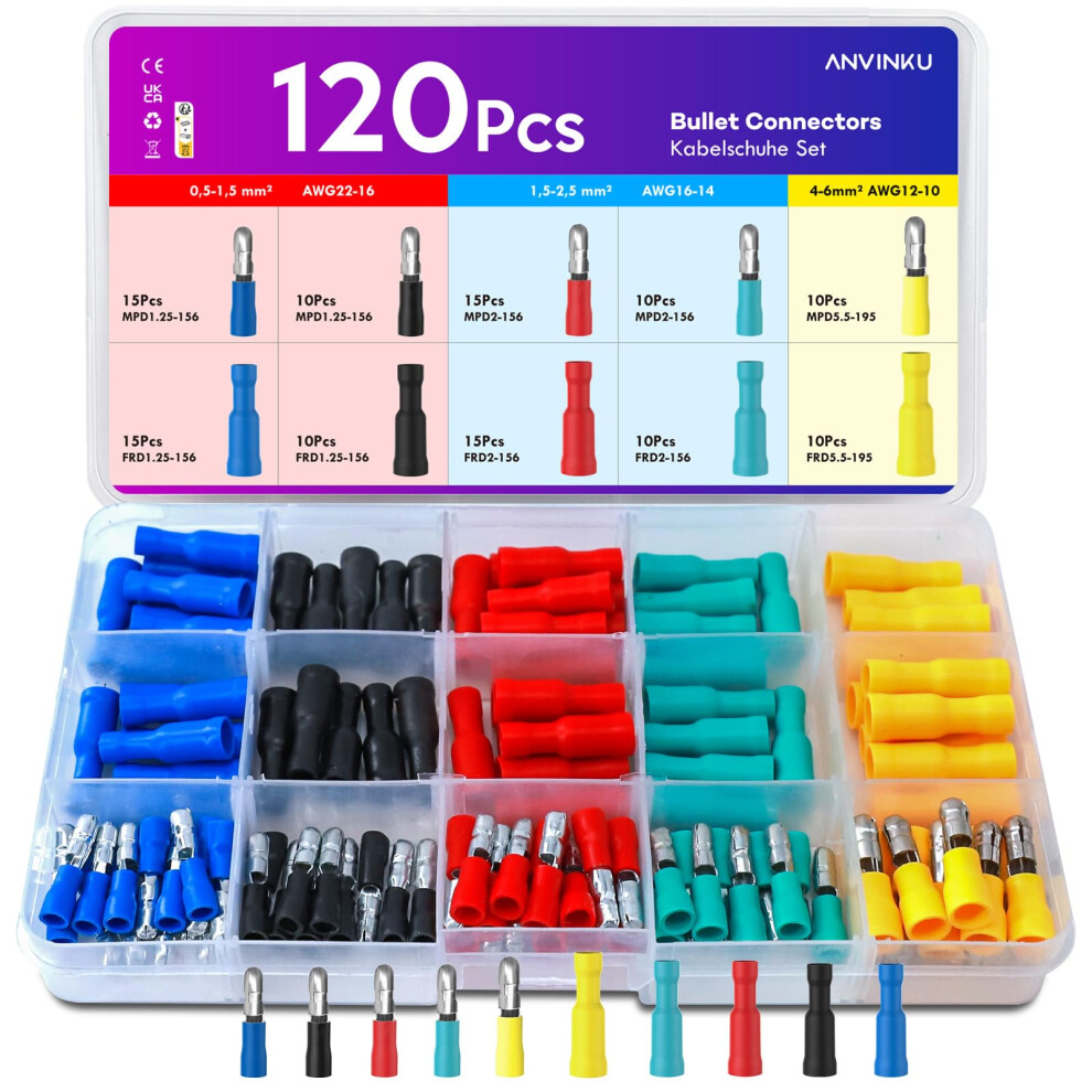 Anvinku Electrical Wire Connectors 120Pcs, 10 Types Male And Female Bullet Connectors, 0.5-6.0Mmâ² Insulated Terminal Bullet Butt Connectors 5051226573323
