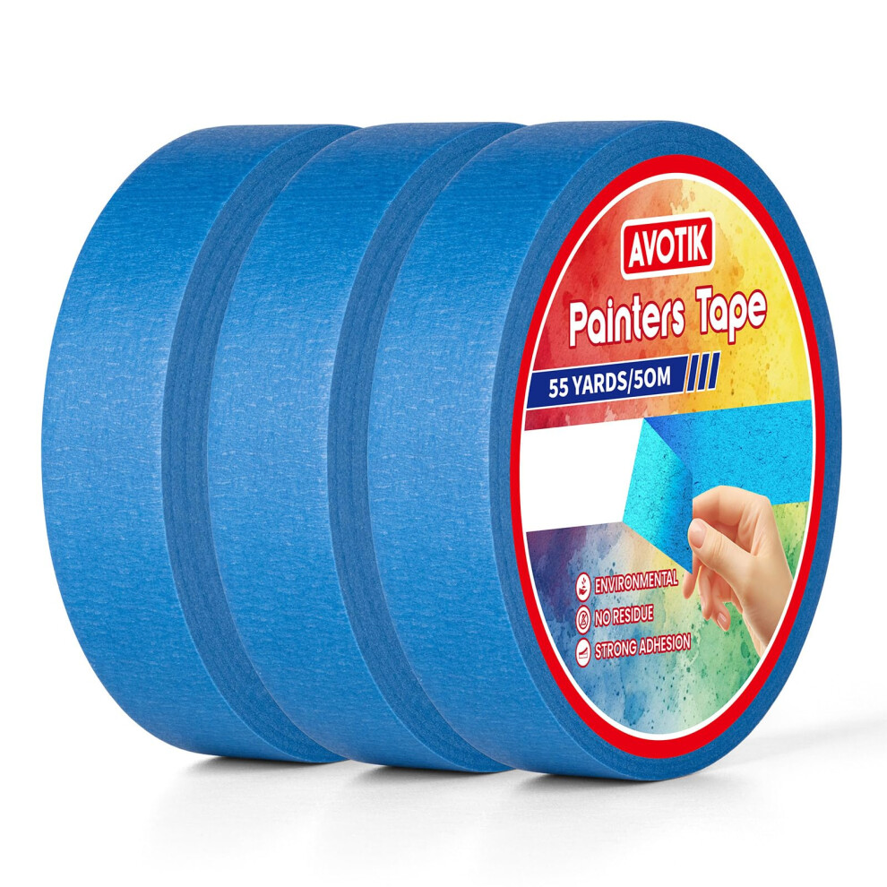 Avotik Blue Painters Tape 4 Rolls: Masking Tape 1 Inch Wide X 55 Yards - Painter's Tape Blue Masking Tape For Walls Painting Packing, Wood, Floors 5051226557675