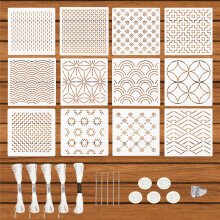 28pcs Plastic Sashiko Stencil Kit, Include 12pcs Geometric Simple Sashiko Embroidery Template 1pcs Thimble 5pcs Needle 5 Roll Threads 5 Finger