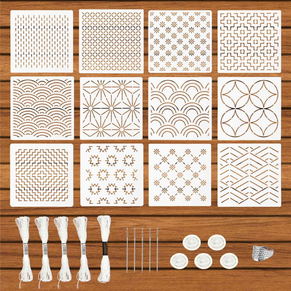 28Pcs Plastic Sashiko Stencil Kit, Include 12Pcs Geometric Simple Sashiko Embroidery Template 1Pcs Thimble 5Pcs Needle 5 Roll Threads 5 Finger 5051226633638