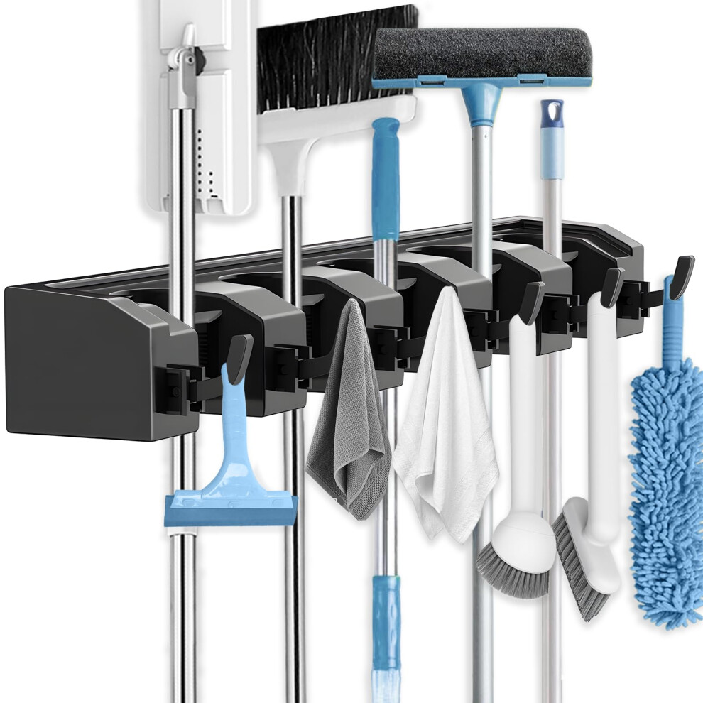 Acemining Broom Holder Wall Mounted, 5 Holders And 6 Hooks Mop Holder, Abs Plastic Brush Holder, Thick And Durable Mop Broom Storage 5051226636646