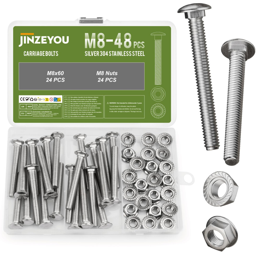 48 Pcs M8 Coach Bolts, M8 X 60Mm Cup Square Carriage Bolts And Nuts Set, Stainless Steel Coach Screws With Hexagon Flange Nuts 5051226606526