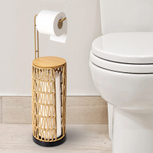 Free Standing Toilet Roll Holder with Shelf, Bathroom Toilet Paper Holder, Handmade Rattan Toilet Tissue Holder