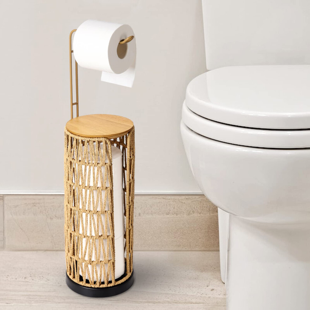 Free Standing Toilet Roll Holder With Shelf, Bathroom Toilet Paper Holder, Handmade Rattan Toilet Tissue Holder 5051226570667