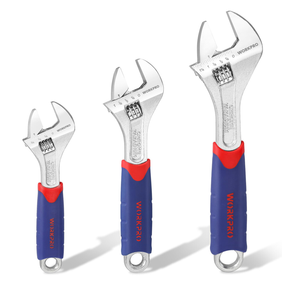Workpro Adjustable Spanner Set 3-Piece, Metric And Sae Wrench Spanner, 150 Mm, 200 Mm, 250 Mm, Adjustable Spanner Wide Jaw, Soft Handle 1134012520108