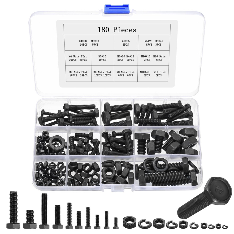 180 Pcs M4 M5 M6 M8 M10 Hex Bolts And Nuts Set, Machine Screws Assorted Nuts And Bolts Set 5051226623639
