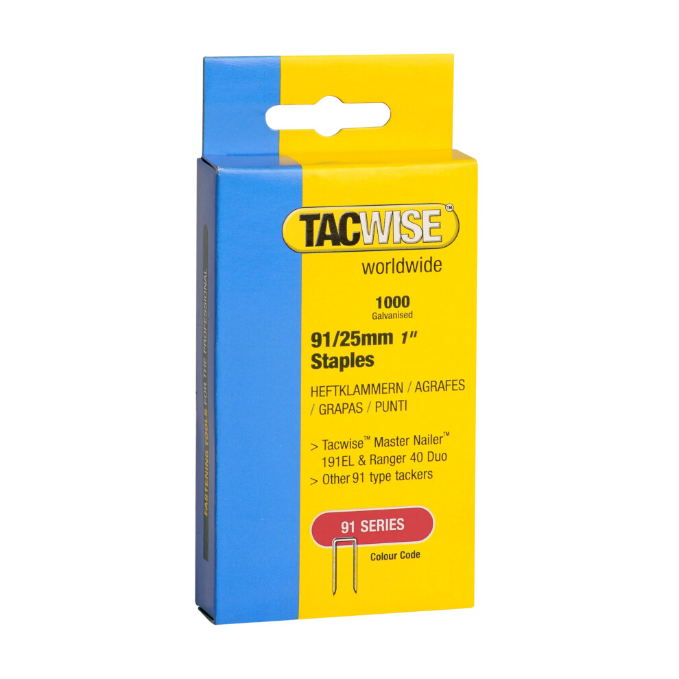 Tacwise 0285 Type 91 / 25 Mm Galvanised Narrow Crown Staples, Pack Of 1,000 5051226563003