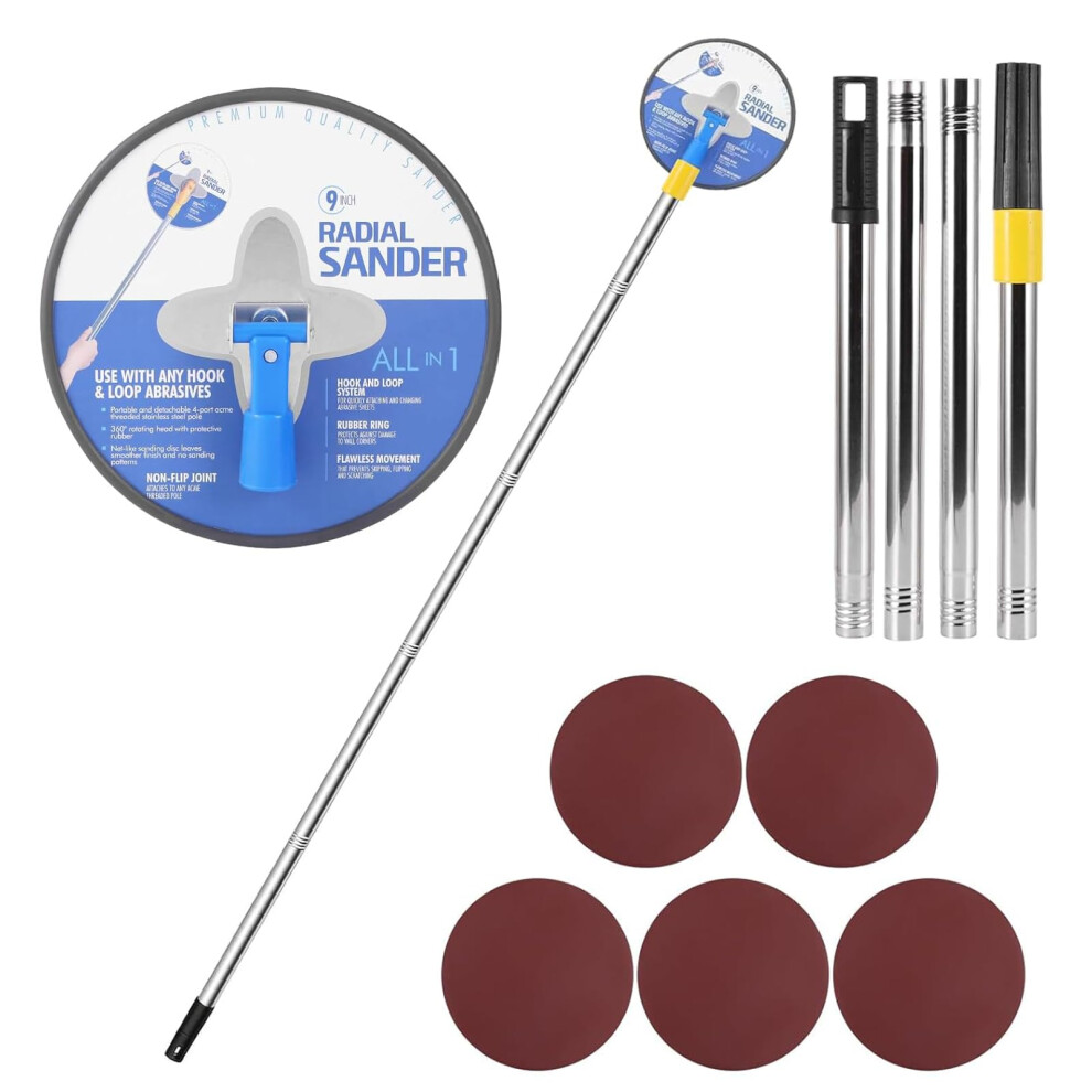 Pole Sander For Drywall, 9In Dry Wall Sander With Extension Pole 360 Degree Rotation Hand Radial Sanders Complete With 5Pcs Sanding Sheets 5051226603525