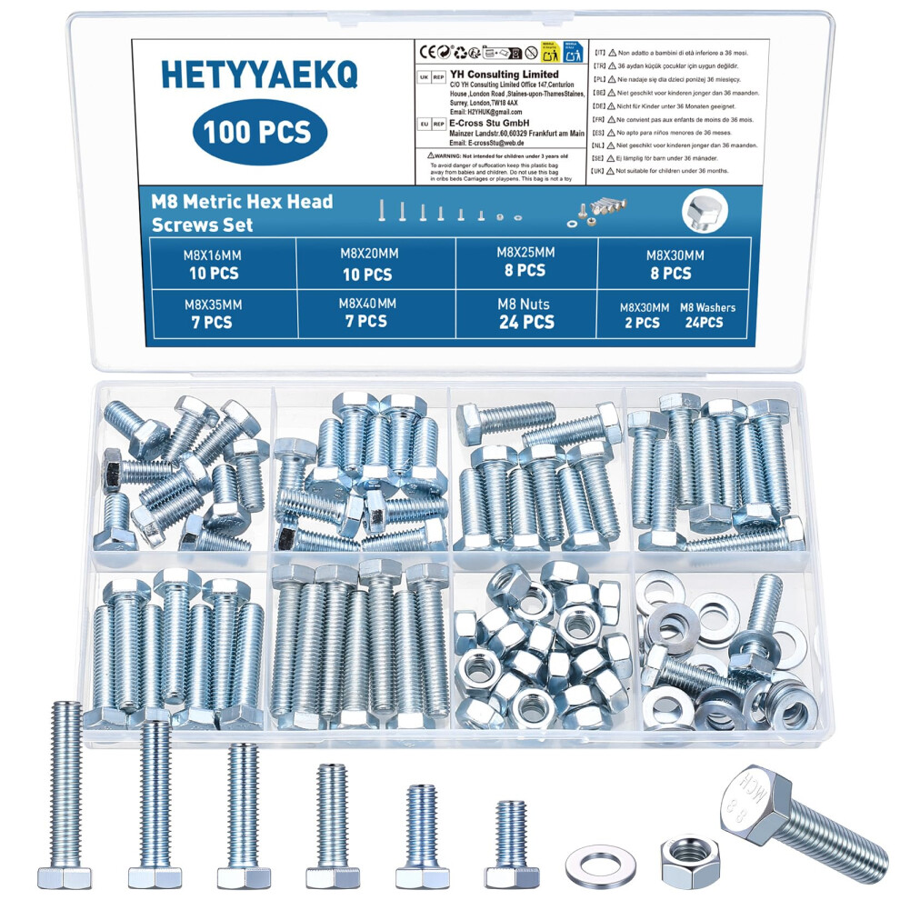 100 Pcs M8 Hex Bolts And Nuts Set, Machine Screws Assorted Nuts And Bolts Set With Washers, Nut And Bolt Assortment For Repair Maintenance And Diy 5051226624940