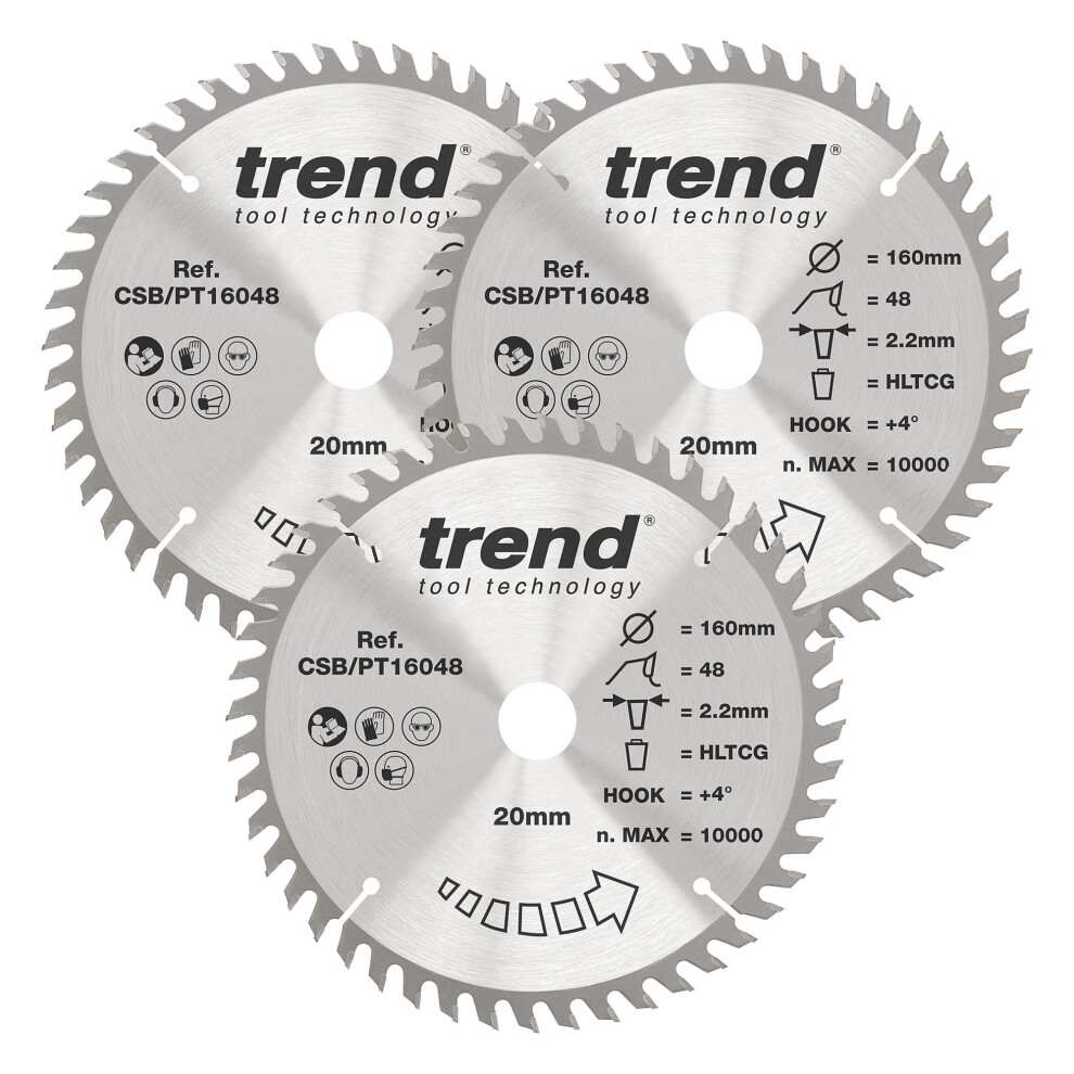 Trend Csb/Pt160/3Pk Craft Pro Triple Pack Of Tct Circular Saw Blades, Tungsten Carbide Tipped, 160Mm X 48 Teeth X 20Mm Bore