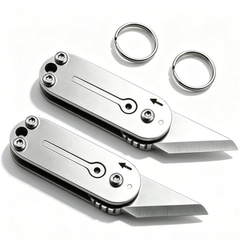 2 Pcs Small Box Cutter Multi Tool, Compact Stainless Steel Pocket Box Opener for EDC, Box Cutter Keyring for Home, Office, Warehouse