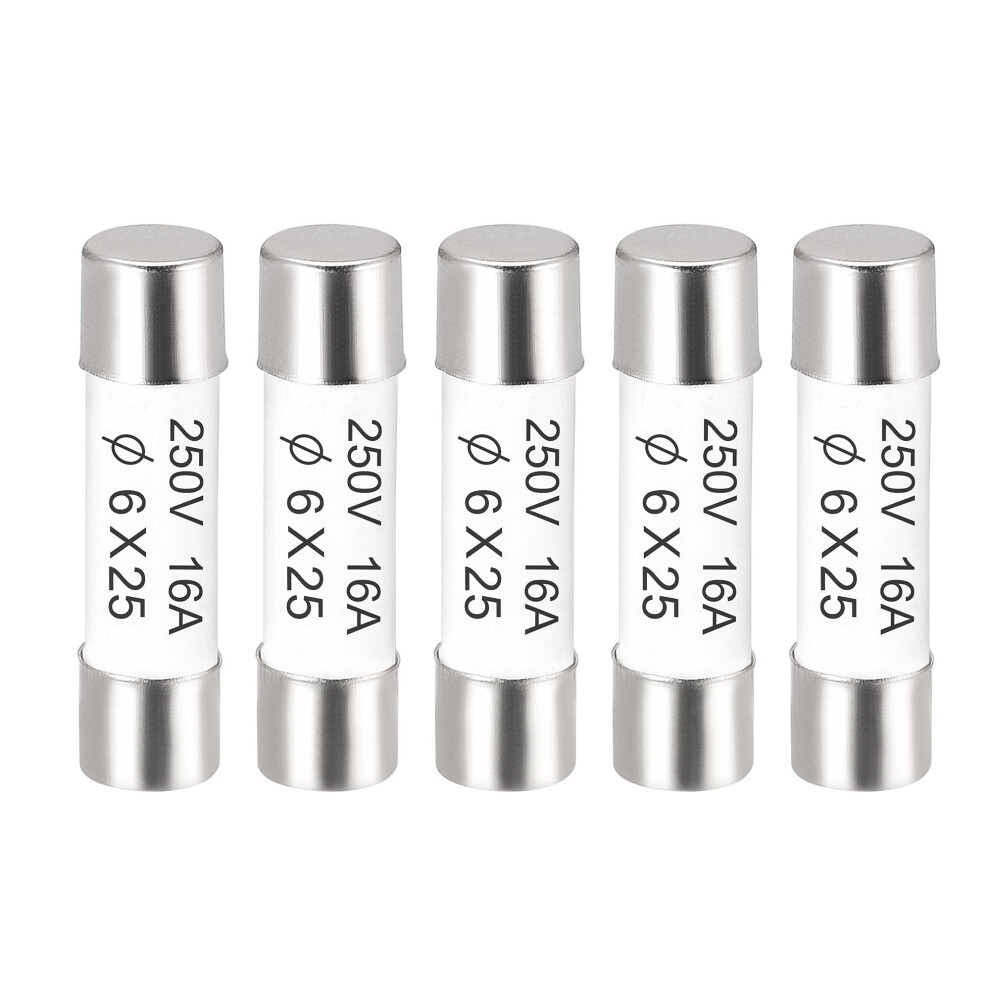 Sourcing Map Ceramic Cartridge Fuses 16A 250V 6X25mm Ceramic Fuses Fast Blow Replacement For Amplifier Energy Saving Lamp Ballast 5Pcs 5051226600630