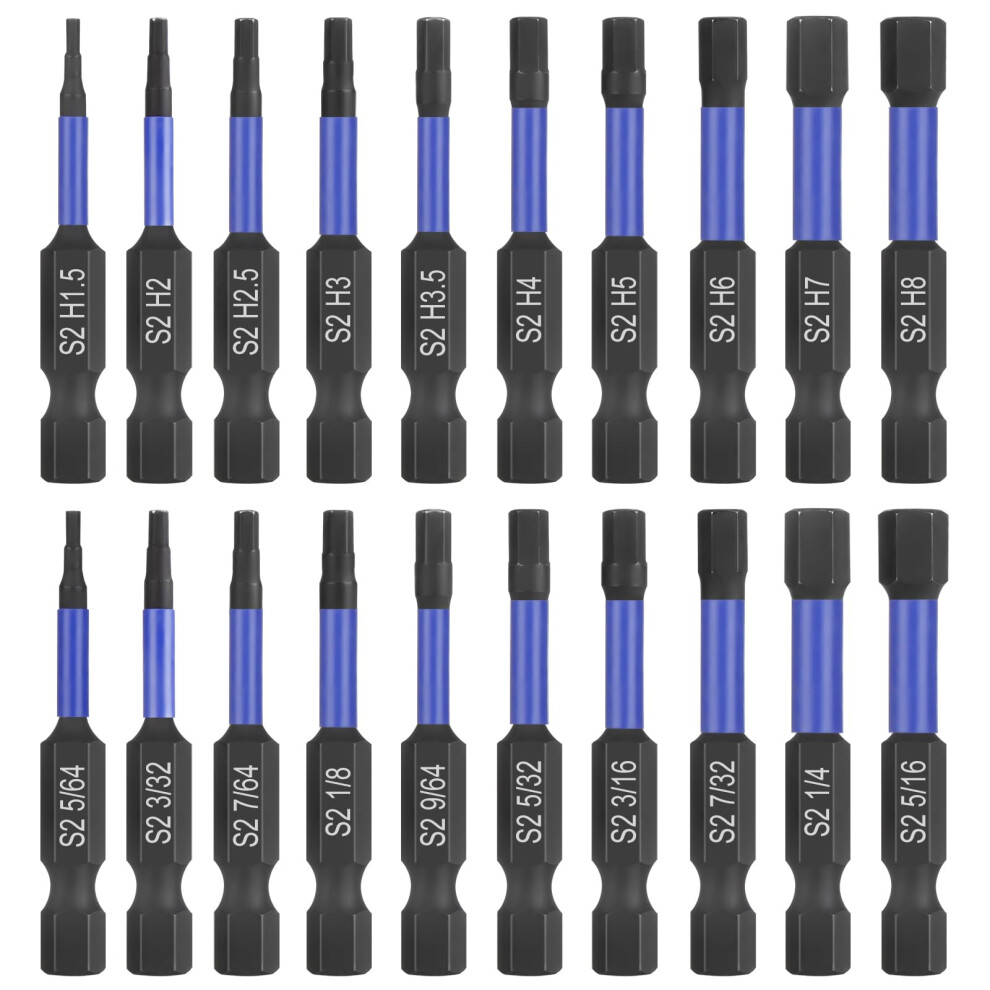Hphope Impact Hex Head Allen Wrench Drill Bit Set - 20 Pcs, S2 Steel Bits, 1/4Â Hex Shank With Magnetism, 50Mm Long With Storage Box 5051226571275