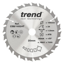 Trend Wood Cordless Circular Saw Blade, 165mm Diameter, 20mm Bore, 24 Teeth, 1.5mm Kerf, +20 Hook, TCT, Medium Finish, CSB/16524T