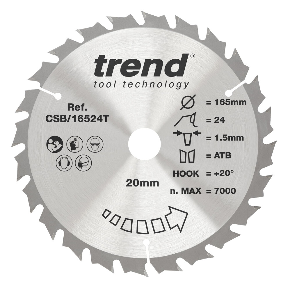 Trend Wood Cordless Circular Saw Blade, 165Mm Diameter, 15.88Mm Bore, 24 Teeth, 1.6Mm Kerf, +15 Hook, Tct, Medium Finish, Csb/16524Tc