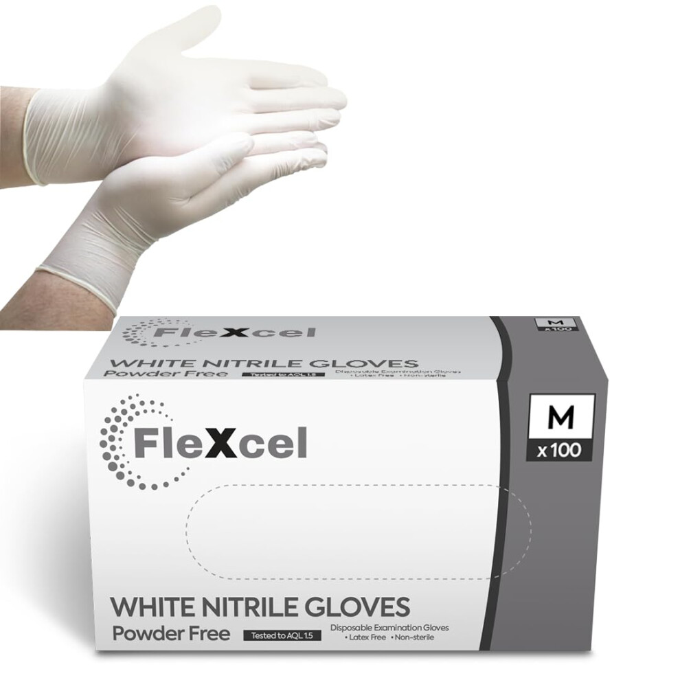 Flexcel White Nitrile Gloves (Box Of 100) Size Medium - Multipurpose Powder Free, Latex Free, Medical Grade, Food Safe Examination Gloves 5051226634154