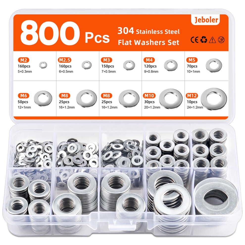Jeboler 800 Pcs Washers For Screws, Small Metal Washers For Bolts Stainless Steel Washer Set M2 M2,5 M3 M4 M5 M6 M8 M10 M12 5051226633874