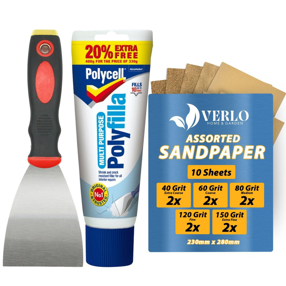 Polyfilla Wall Filler Kit 400G, Ready Mixed Crack And Hole Repair Paste With 3 Inch Scraper And 10 Sandpaper Sheets In Five Grits, For Interior Walls 5051226608100