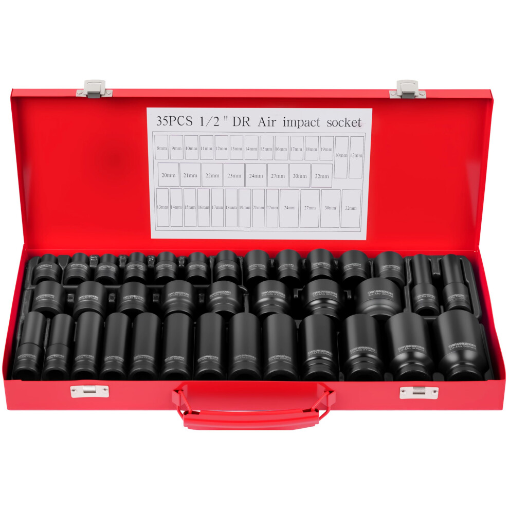 35Pcs 1/2" Drive 6 Point 8-32Mm Metric Deep Impact Socket Set With Metal Carring Case 5051226618338