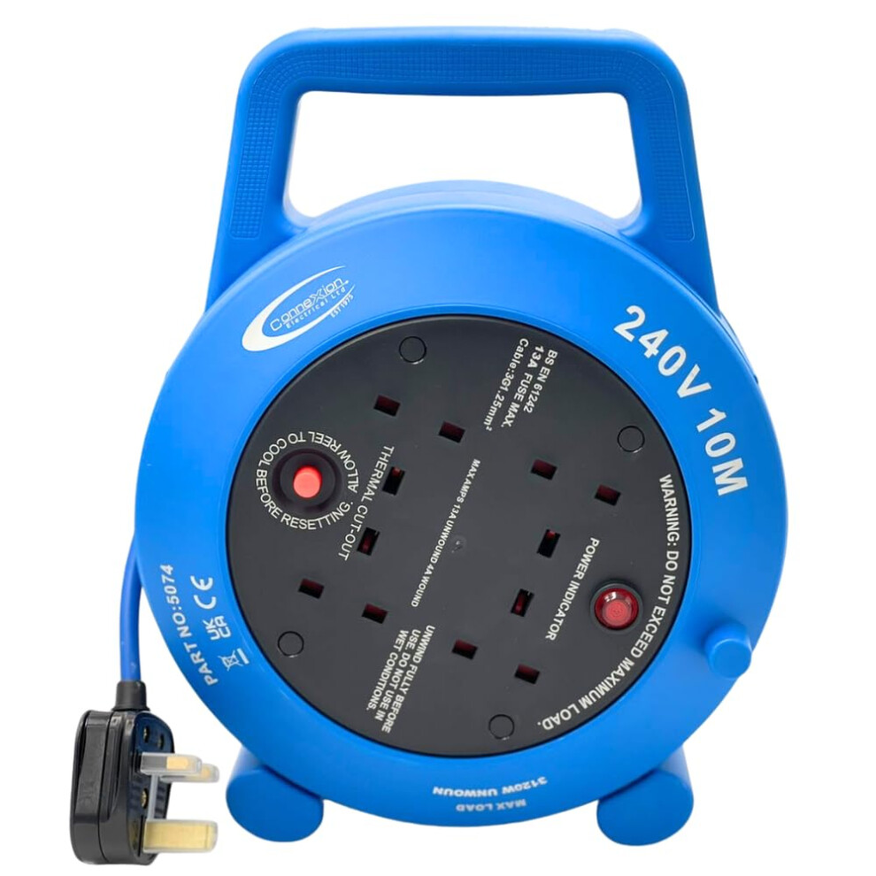 Connexion 10M Extension Lead Reel, 4 Way 13 Amp Sockets, 240V Extension Lead, Heavy Duty Cable, 240V Portable Cord Reel 5051226571572