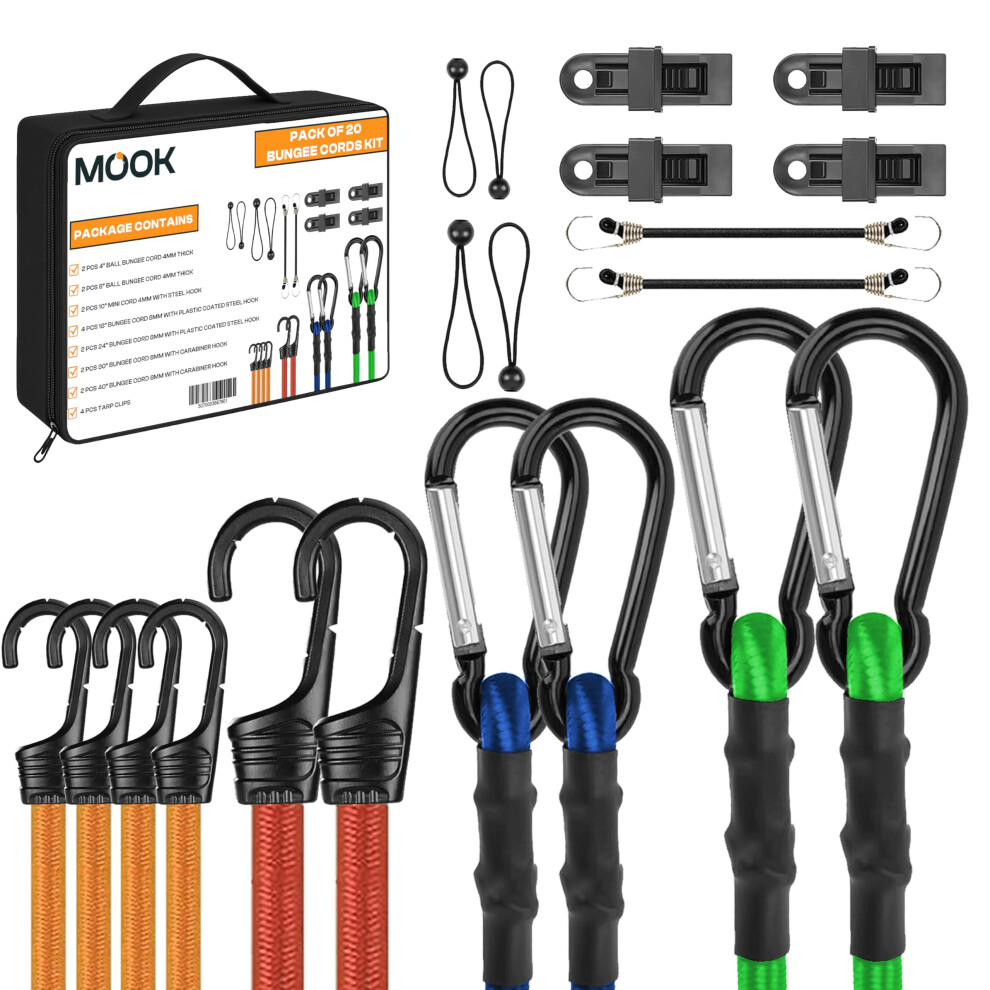 Mook Heavy Duty Bungee Cords With Hooks, 20 - Pcs Bungee Cord Set With Ball Bungees, Mini Cords, Bungee Cords With Carabiner Clip, Tarp Clips 5051226584442
