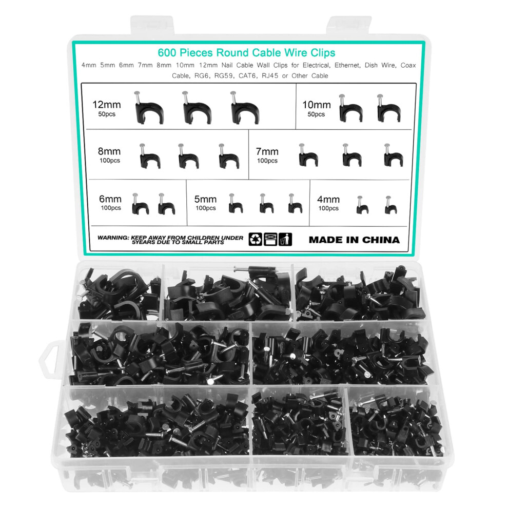 Fippy 600Pcs Black Cable Clips Assortment 4Mm 5Mm 6Mm 7Mm 8Mm 10Mm 12Mm Steel Nail Cable Clips Cable Tacks For Cable Fixing (Black) 5051226602900
