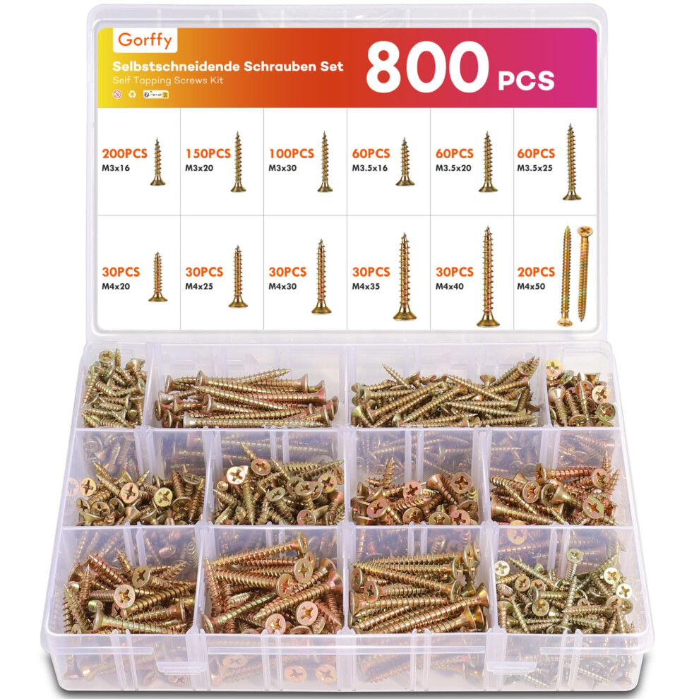 Gorffy Wood Screws, 800Pcs Wood Screws Assortment, Color Zinc Self Tapping Screws, M3/M3.5/M4 Screws For Woods, Screws Set For Floorboard, Wood Fences 5051226574917