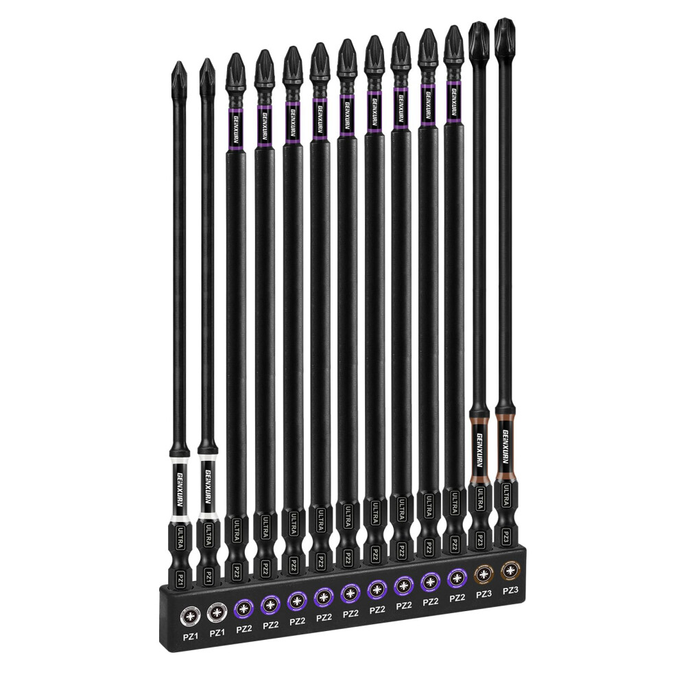 Geinxurn Double Impact #1#2#3 Pozidriv Screwdriver Bits Set, 13Pcs 150 Mm (Pz1/Pz2/Pz3) Magnetic D2 Steel Long Extension Driver Bits Set With Color 5051226635663