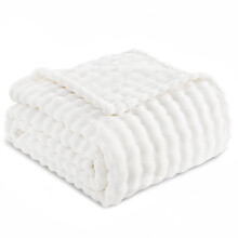 RUIKASI Fleece Throw Blanket for Sofa - White Single Fluffy Bubble Throws Cozy Blanket with Reversible Design, Throw 130x150 cm