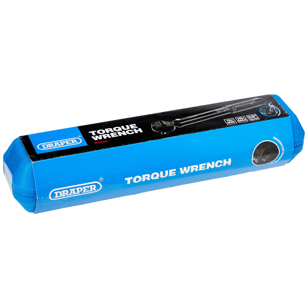 Draper Btw 3/8" Square Drive Torque Wrench | Micrometre Reversible Hand Tool | 10Nm-80Nm Mechanics Car Tools | Professional Blow Mould Storage Case