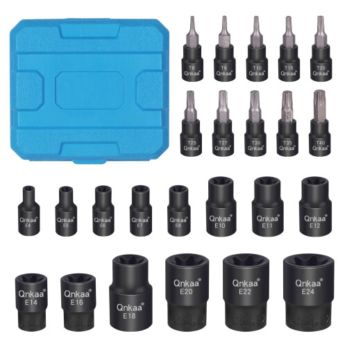 CRV Torx Bit Socket Set - 24PCS: 10pcs Star Socket Bits (T8-T40) & 14pcs Female E-Torx Sockets (E4-E24) 1/4" 3/8" 1/2" | Enhanced Mini Storage Case