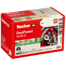 fischer DuoPower 6 x 30 S, powerful universal plug with safety screw, intelligent 2-component technology for fastenings in concrete, bricks, stone