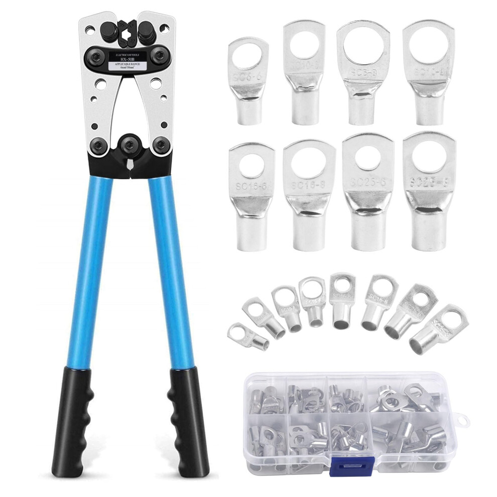 Polegas Hx-50B Battery Cable Lug Crimping Tool Kit, Wire Crimping Tool With 60 Pcs Copper Ring Terminals For Crimping Wire Cable From 6-50Mmâ² 5051226560934