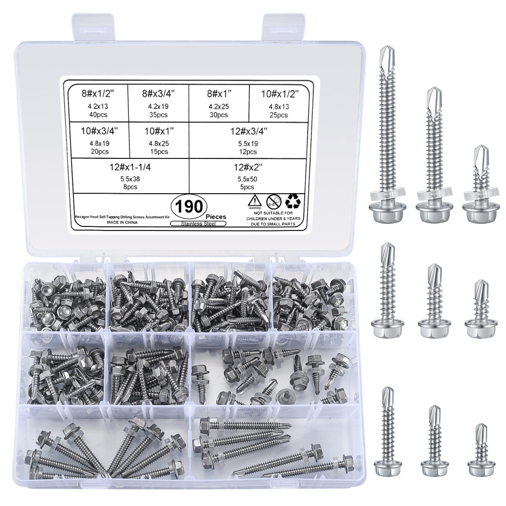 Wugongshan 190 Pcs Self Drilling Screws With Hex Washer Head, M4.2/M4.8/M5.5 410 Stainless Steel Sheet Metal Tek Screws Assortment Kit 5051226599637