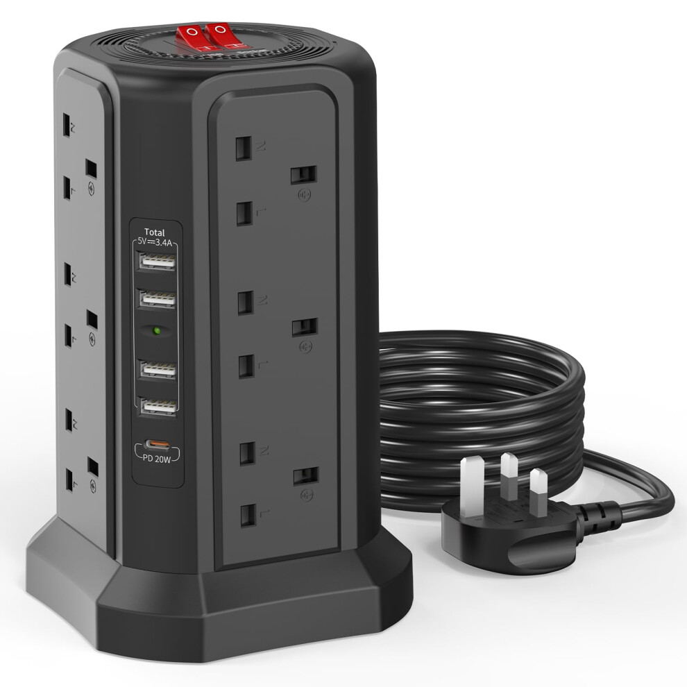 Tower Extension Lead With Usb Slots 3M And 20W Usb C Fast Charger, (13A 3250W) 5 Usb Ports And 12 Way Extension Tower 5051226571114